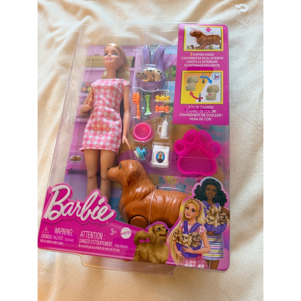 Barbie Newborn Pups Playset Doll Mama Dog 3 Puppies Color Change HCK75 NEW
